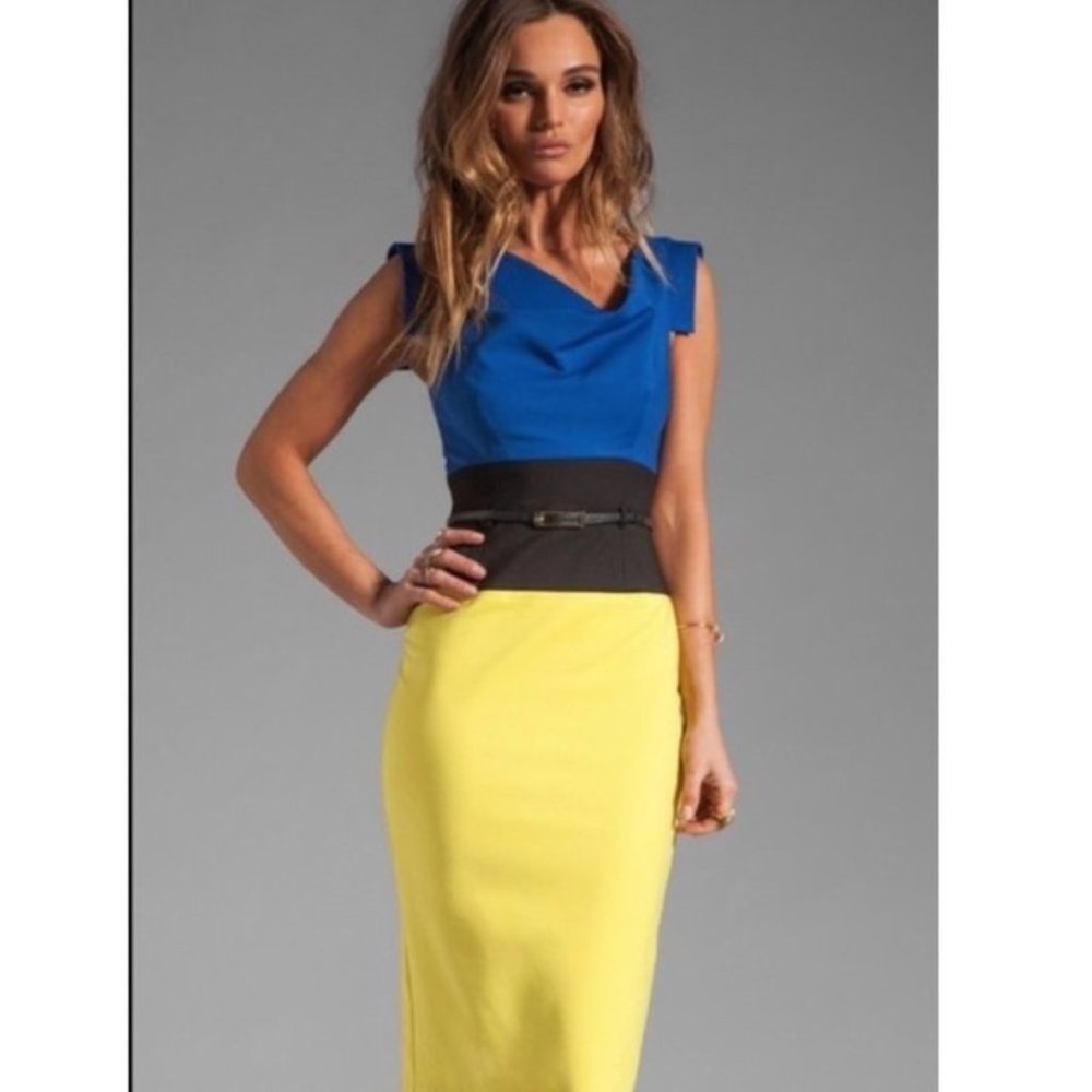 Black Halo Colorblock Jackie O Dress Three Tone Yellow Navy Black Sz 6